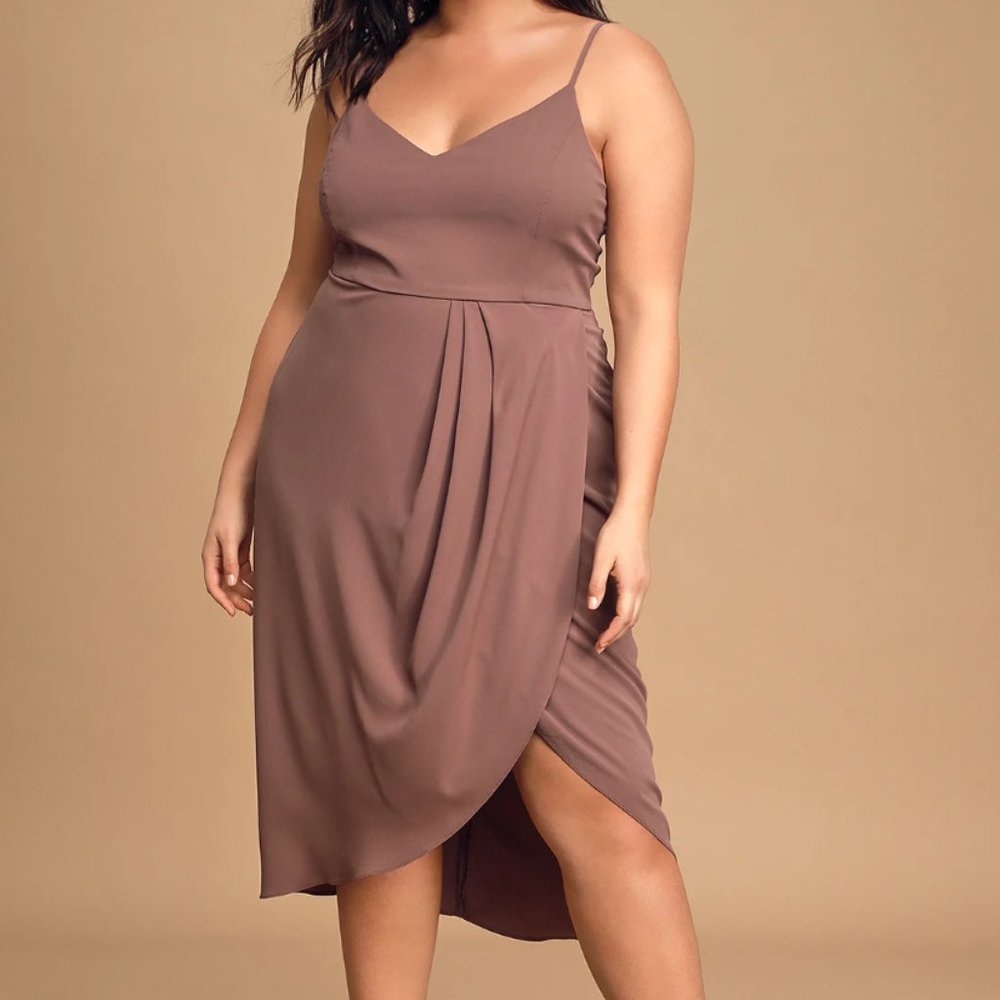 LULUS Reinette Mauve Midi Dress Lined(1XL) **WRAP/PLEATING HIDES PROBLEM TUMMY**